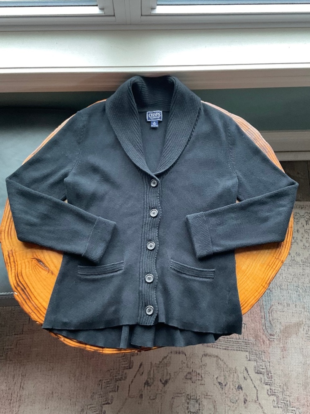 CHAPS 100% Cotton button up black shawl collar sweater cardigan Medium